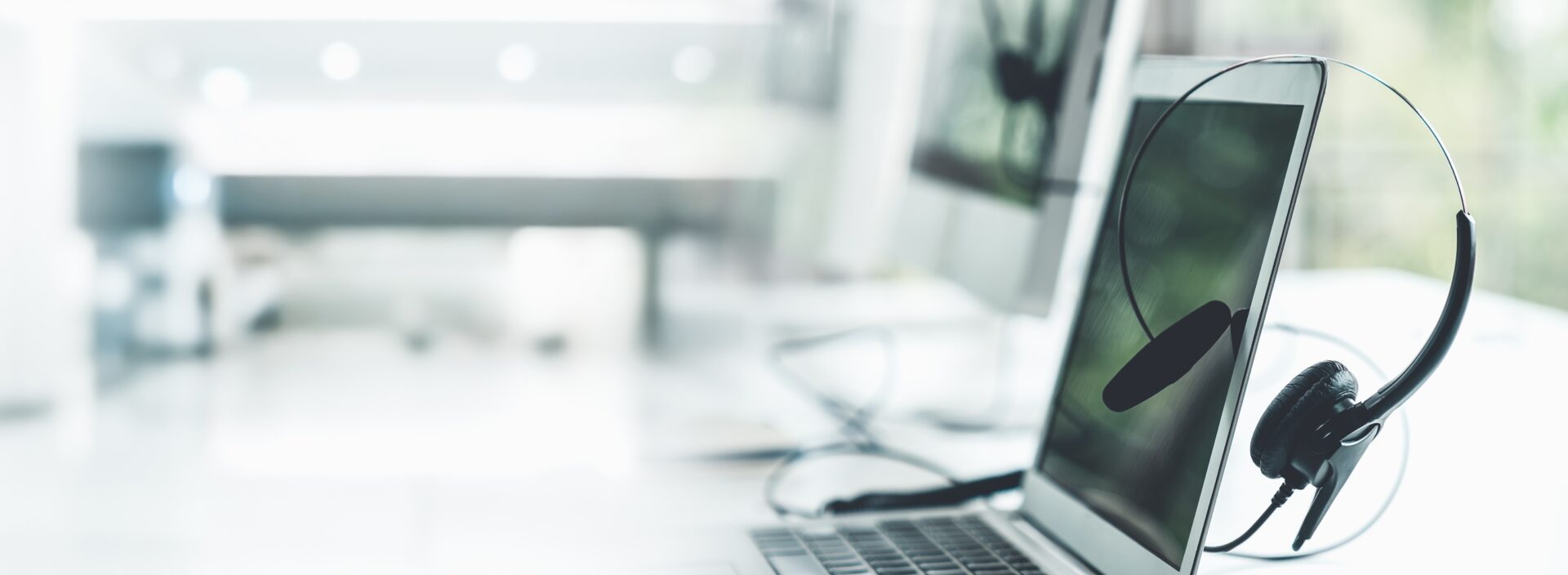 Headset and customer support equipment at call center ready for actively service